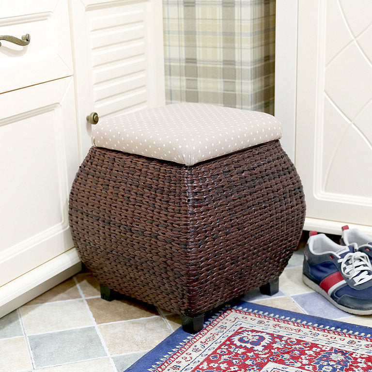 Traditional Farmhouse Fabric Wood Stainless Steel Paper Vine Reed Square Imitation Rattan Weaving Low Stool Armless For Entryways