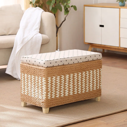 Traditional Rustic Paper Vine Wood Linen Fabric Sponge Rectangular Footstool Armless For Entryways