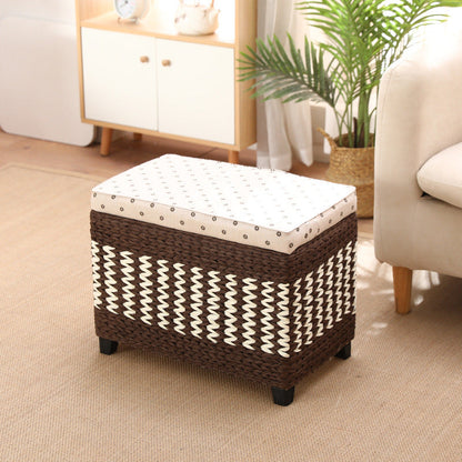 Traditional Rustic Paper Vine Wood Linen Fabric Sponge Rectangular Footstool Armless For Entryways