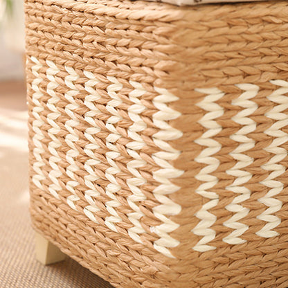 Traditional Rustic Paper Vine Wood Linen Fabric Sponge Rectangular Footstool Armless For Entryways