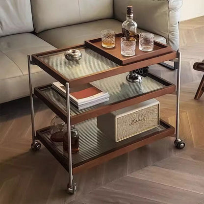 Traditional Vintage Wood, Glass & Stainless Steel Rectangular Side Table With 3-Tier Storage For Living Room & Bedroom