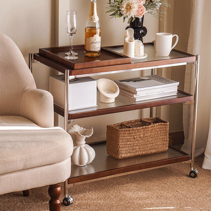 Traditional Vintage Wood, Glass & Stainless Steel Rectangular Side Table With 3-Tier Storage For Living Room & Bedroom