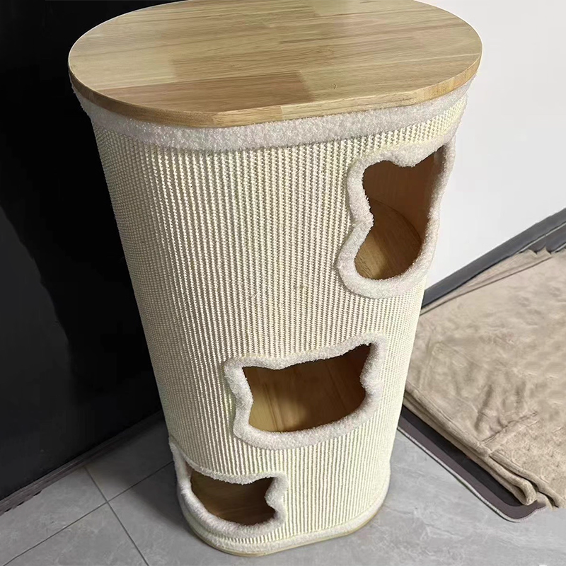 Modern Minimalist Elliptical Cylinder Solid Wood Multi-Layer Board Rubberwood Sisal Integrated Cat Bed & Cat Tower 2/3-Hole For Living Room