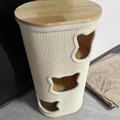 Modern Minimalist Elliptical Cylinder Solid Wood Multi-Layer Board Rubberwood Sisal Integrated Cat Bed & Cat Tower 2/3-Hole For Living Room