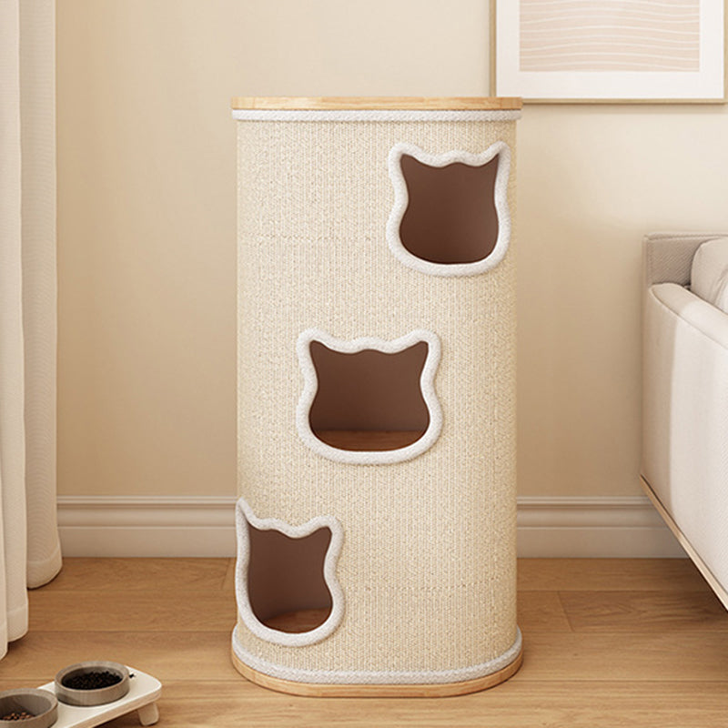Modern Minimalist Elliptical Cylinder Solid Wood Multi-Layer Board Rubberwood Sisal Integrated Cat Bed & Cat Tower 2/3-Hole For Living Room