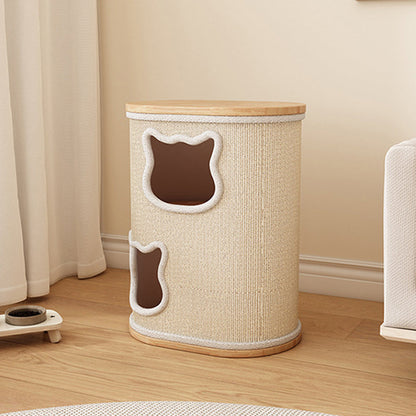 Modern Minimalist Elliptical Cylinder Solid Wood Multi-Layer Board Rubberwood Sisal Integrated Cat Bed & Cat Tower 2/3-Hole For Living Room