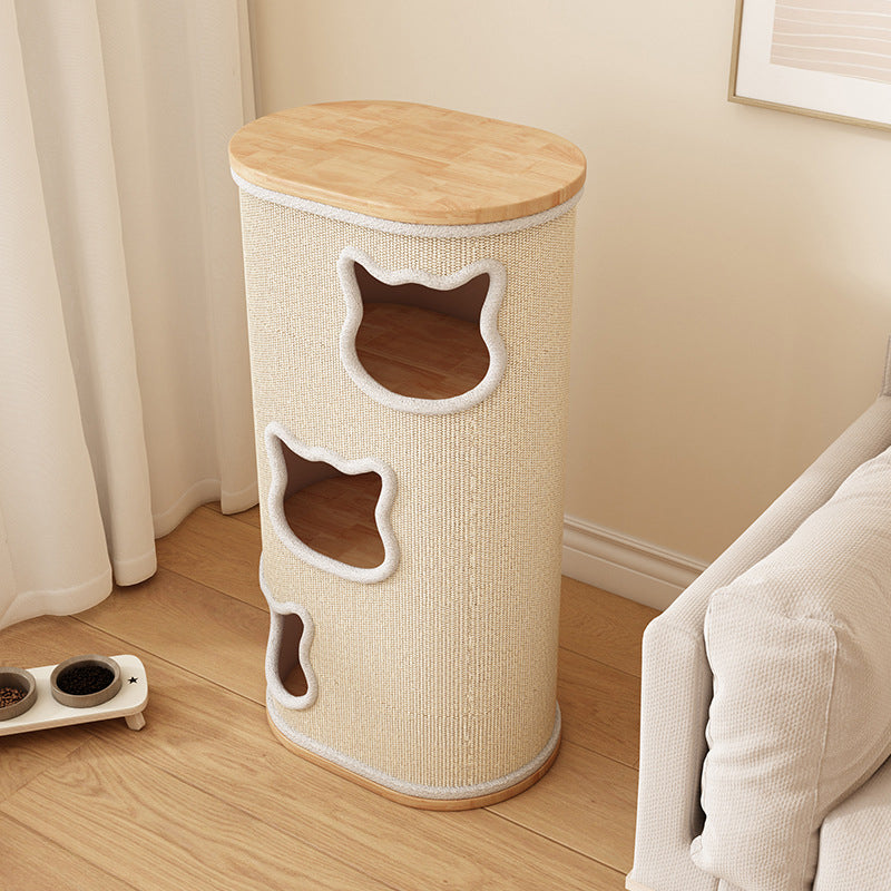 Modern Minimalist Elliptical Cylinder Solid Wood Multi-Layer Board Rubberwood Sisal Integrated Cat Bed & Cat Tower 2/3-Hole For Living Room