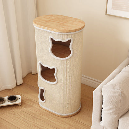 Modern Minimalist Elliptical Cylinder Solid Wood Multi-Layer Board Rubberwood Sisal Integrated Cat Bed & Cat Tower 2/3-Hole For Living Room