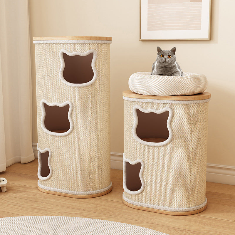 Modern Minimalist Elliptical Cylinder Solid Wood Multi-Layer Board Rubberwood Sisal Integrated Cat Bed & Cat Tower 2/3-Hole For Living Room