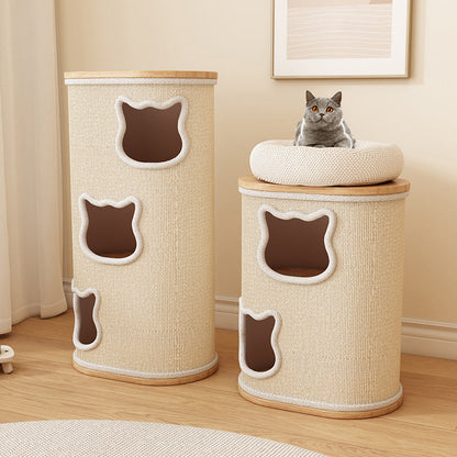 Modern Minimalist Elliptical Cylinder Solid Wood Multi-Layer Board Rubberwood Sisal Integrated Cat Bed & Cat Tower 2/3-Hole For Living Room