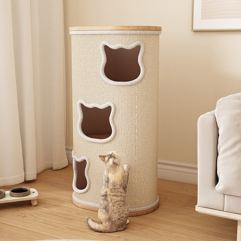 Modern Minimalist Elliptical Cylinder Solid Wood Multi-Layer Board Rubberwood Sisal Integrated Cat Bed & Cat Tower 2/3-Hole For Living Room