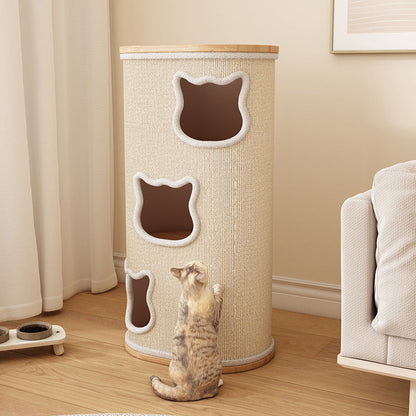 Modern Minimalist Elliptical Cylinder Solid Wood Multi-Layer Board Rubberwood Sisal Integrated Cat Bed & Cat Tower 2/3-Hole For Living Room