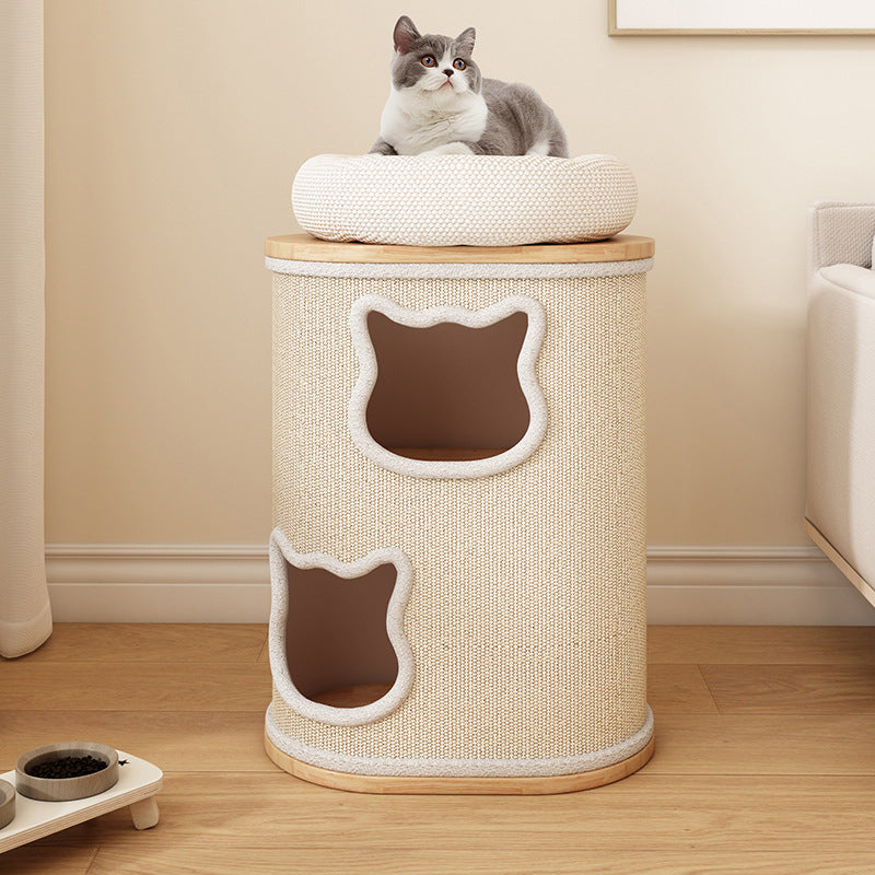 Modern Minimalist Elliptical Cylinder Solid Wood Multi-Layer Board Rubberwood Sisal Integrated Cat Bed & Cat Tower 2/3-Hole For Living Room