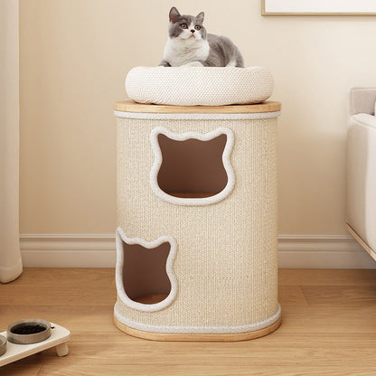Modern Minimalist Elliptical Cylinder Solid Wood Multi-Layer Board Rubberwood Sisal Integrated Cat Bed & Cat Tower 2/3-Hole For Living Room