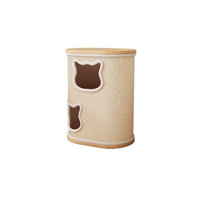 Modern Minimalist Elliptical Cylinder Solid Wood Multi-Layer Board Rubberwood Sisal Integrated Cat Bed & Cat Tower 2/3-Hole For Living Room