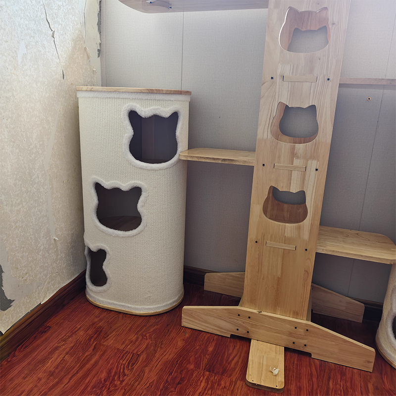 Modern Minimalist Elliptical Cylinder Solid Wood Multi-Layer Board Rubberwood Sisal Integrated Cat Bed & Cat Tower 2/3-Hole For Living Room