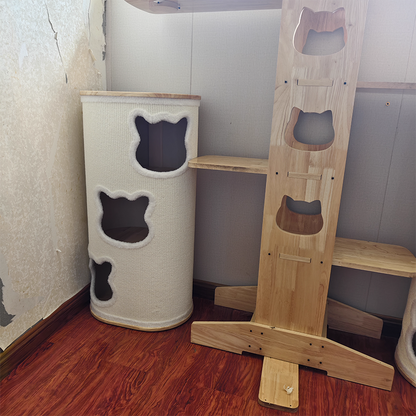 Modern Minimalist Elliptical Cylinder Solid Wood Multi-Layer Board Rubberwood Sisal Integrated Cat Bed & Cat Tower 2/3-Hole For Living Room