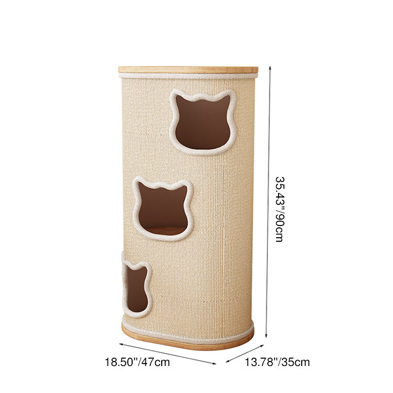 Modern Minimalist Elliptical Cylinder Solid Wood Multi-Layer Board Rubberwood Sisal Integrated Cat Bed & Cat Tower 2/3-Hole For Living Room