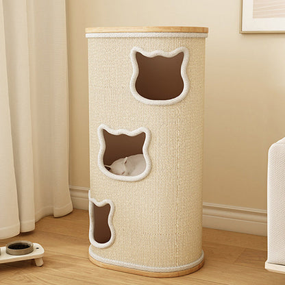 Modern Minimalist Elliptical Cylinder Solid Wood Multi-Layer Board Rubberwood Sisal Integrated Cat Bed & Cat Tower 2/3-Hole For Living Room