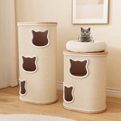 Modern Minimalist Elliptical Cylinder Solid Wood Multi-Layer Board Rubberwood Sisal Integrated Cat Bed & Cat Tower 2/3-Hole For Living Room