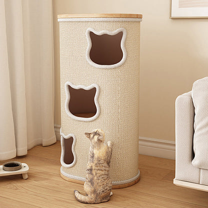 Modern Minimalist Elliptical Cylinder Solid Wood Multi-Layer Board Rubberwood Sisal Integrated Cat Bed & Cat Tower 2/3-Hole For Living Room