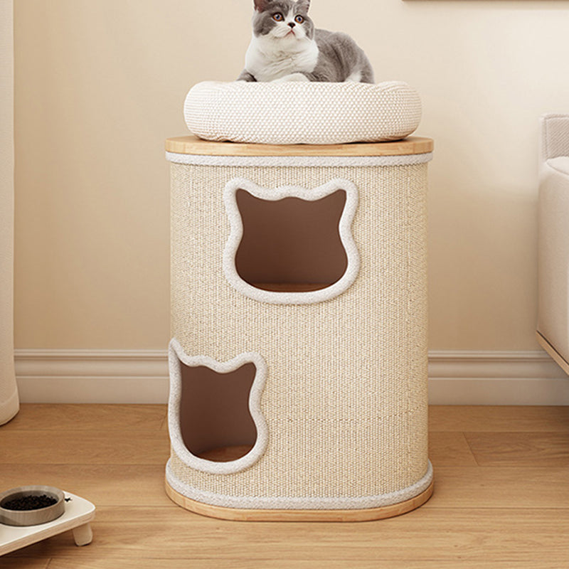 Modern Minimalist Elliptical Cylinder Solid Wood Multi-Layer Board Rubberwood Sisal Integrated Cat Bed & Cat Tower 2/3-Hole For Living Room