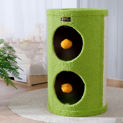 Traditional Rustic Tree Hole Teddy Fleece Thickened Hard Paper Tube Integrated Cat Bed & Cat Tower 2/3-Nest For Living Room