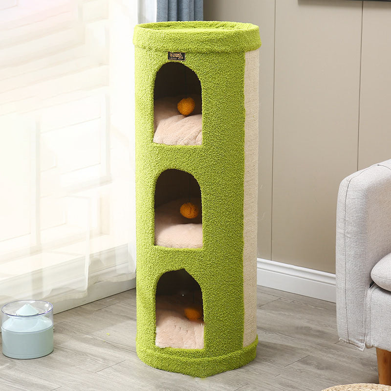 Traditional Rustic Tree Hole Teddy Fleece Thickened Hard Paper Tube Integrated Cat Bed & Cat Tower 2/3-Nest For Living Room