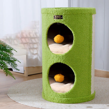 Traditional Rustic Tree Hole Teddy Fleece Thickened Hard Paper Tube Integrated Cat Bed & Cat Tower 2/3-Nest For Living Room