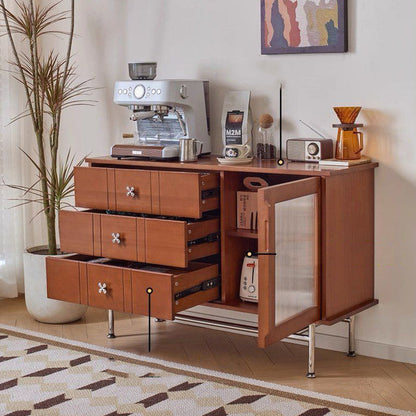 Contemporary Retro Rectangular Pine Wood Boxwood Plywood Stainless Steel Glass Storage Sideboard Cabinet 3-Drawer For Living Room