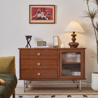 Contemporary Retro Rectangular Pine Wood Boxwood Plywood Stainless Steel Glass Storage Sideboard Cabinet 3-Drawer For Living Room