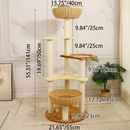 Contemporary Boho Tree Particleboard Plush Fabric Hemp Rope Paper Tube Acrylic Rattan Weaving Cat Tower 6-Tier For Living Room