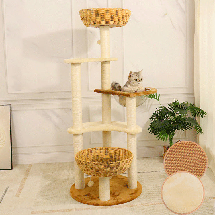 Contemporary Boho Tree Particleboard Plush Fabric Hemp Rope Paper Tube Acrylic Rattan Weaving Cat Tower 6-Tier For Living Room