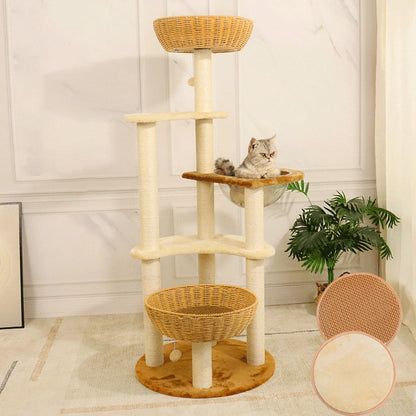 Contemporary Boho Tree Particleboard Plush Fabric Hemp Rope Paper Tube Acrylic Rattan Weaving Cat Tower 6-Tier For Living Room