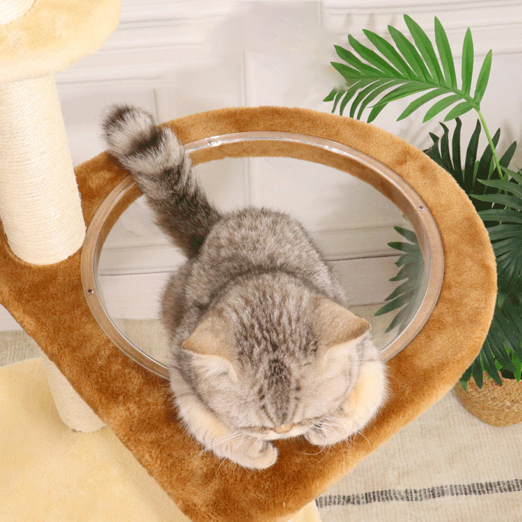 Contemporary Boho Tree Particleboard Plush Fabric Hemp Rope Paper Tube Acrylic Rattan Weaving Cat Tower 6-Tier For Living Room