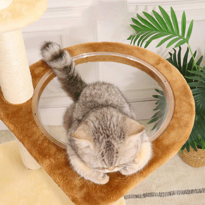 Contemporary Boho Tree Particleboard Plush Fabric Hemp Rope Paper Tube Acrylic Rattan Weaving Cat Tower 6-Tier For Living Room