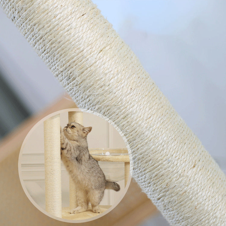 Contemporary Boho Tree Particleboard Plush Fabric Hemp Rope Paper Tube Acrylic Rattan Weaving Cat Tower 6-Tier For Living Room