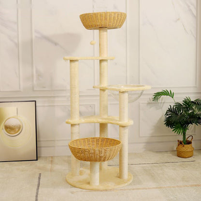 Contemporary Boho Tree Particleboard Plush Fabric Hemp Rope Paper Tube Acrylic Rattan Weaving Cat Tower 6-Tier For Living Room