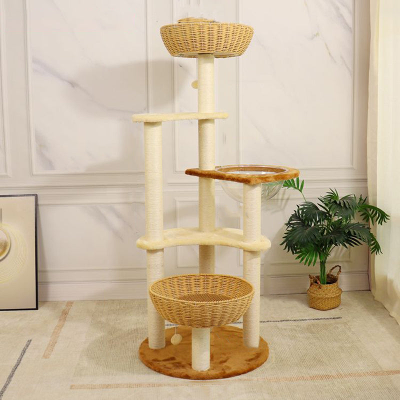 Contemporary Boho Tree Particleboard Plush Fabric Hemp Rope Paper Tube Acrylic Rattan Weaving Cat Tower 6-Tier For Living Room