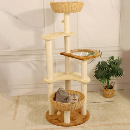 Contemporary Boho Tree Particleboard Plush Fabric Hemp Rope Paper Tube Acrylic Rattan Weaving Cat Tower 6-Tier For Living Room