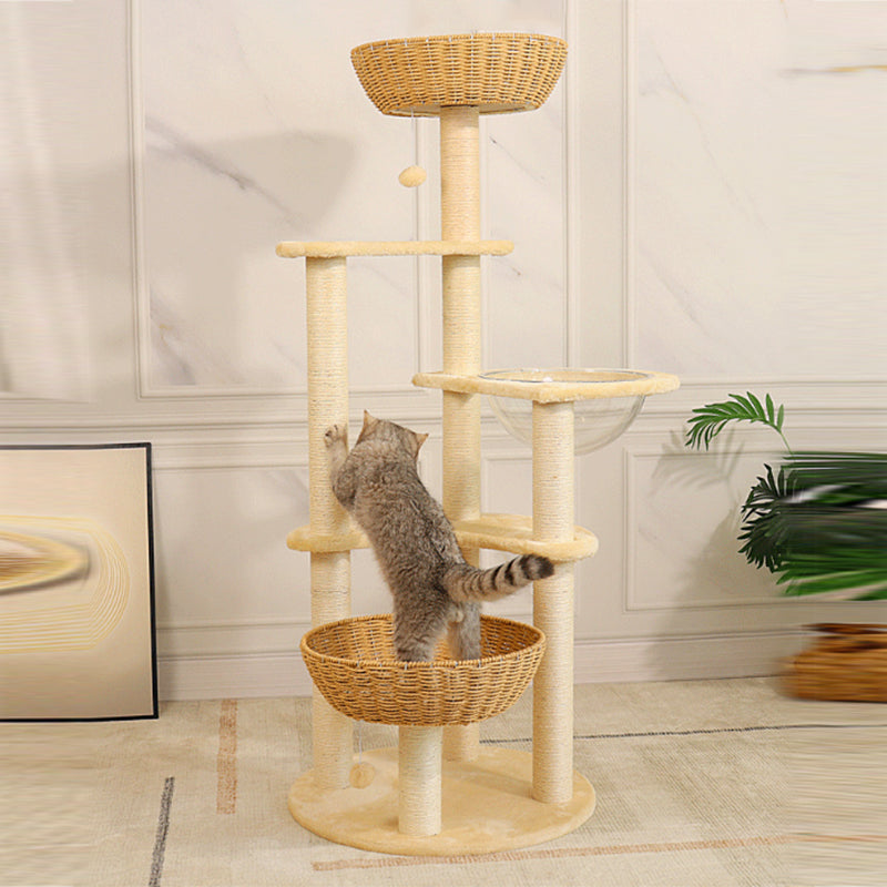 Contemporary Boho Tree Particleboard Plush Fabric Hemp Rope Paper Tube Acrylic Rattan Weaving Cat Tower 6-Tier For Living Room