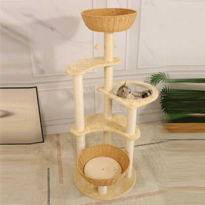 Contemporary Boho Tree Particleboard Plush Fabric Hemp Rope Paper Tube Acrylic Rattan Weaving Cat Tower 6-Tier For Living Room