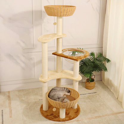 Contemporary Boho Tree Particleboard Plush Fabric Hemp Rope Paper Tube Acrylic Rattan Weaving Cat Tower 6-Tier For Living Room
