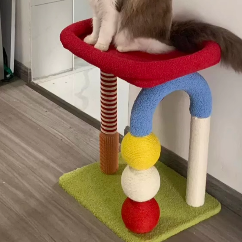 Contemporary Creative Geometric Shape MDF Teddy Fleece Sword Hemp Rope Cat Tower 2-Tier For Living Room