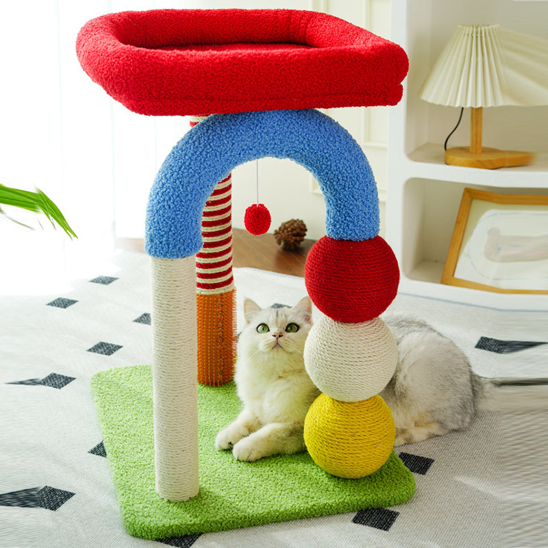 Contemporary Creative Geometric Shape MDF Teddy Fleece Sword Hemp Rope Cat Tower 2-Tier For Living Room