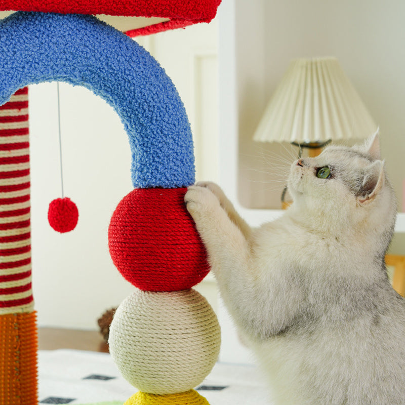 Contemporary Creative Geometric Shape MDF Teddy Fleece Sword Hemp Rope Cat Tower 2-Tier For Living Room