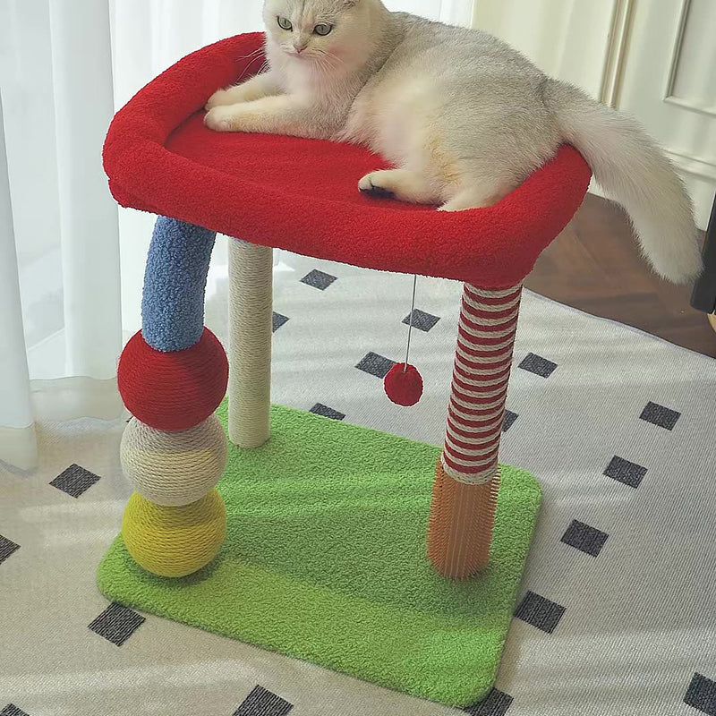 Contemporary Creative Geometric Shape MDF Teddy Fleece Sword Hemp Rope Cat Tower 2-Tier For Living Room