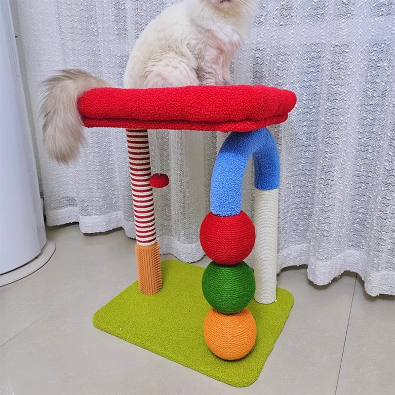 Contemporary Creative Geometric Shape MDF Teddy Fleece Sword Hemp Rope Cat Tower 2-Tier For Living Room