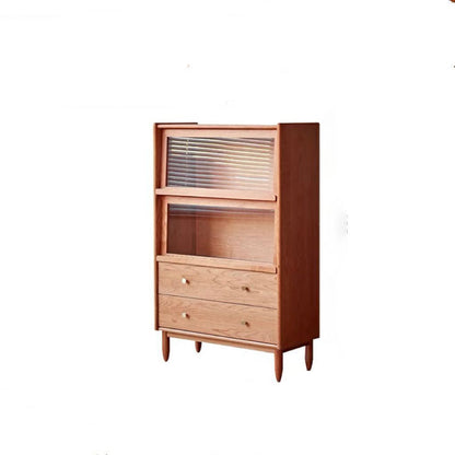 Traditional Japanese Rectangular Pine Wood Solid Wood Multi-Layer Board Glass Storage Sideboard 2-Drawer For Living Room & Dining Room