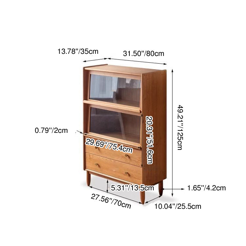 Traditional Japanese Rectangular Pine Wood Solid Wood Multi-Layer Board Glass Storage Sideboard 2-Drawer For Living Room & Dining Room